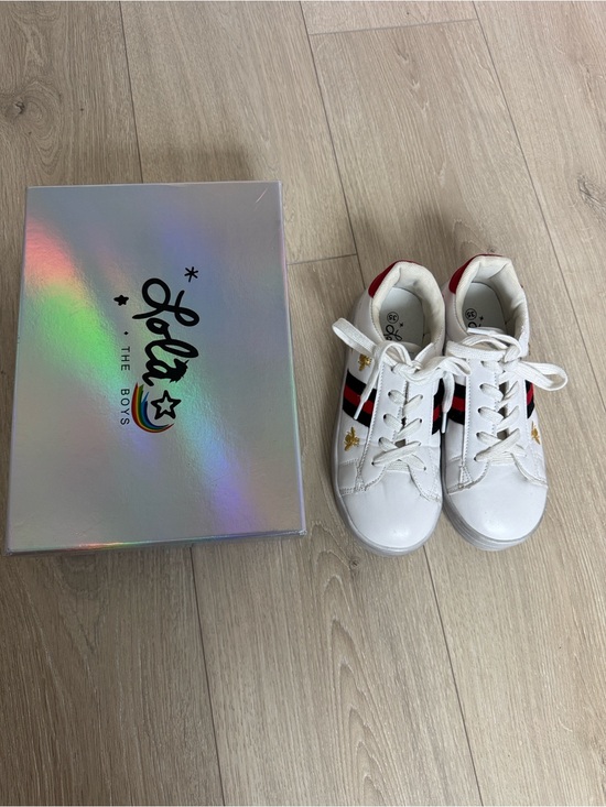 Lola + The Boys Other - Lola + The Boys White Sneakers with Red & Black Stripe and Gold Bee
